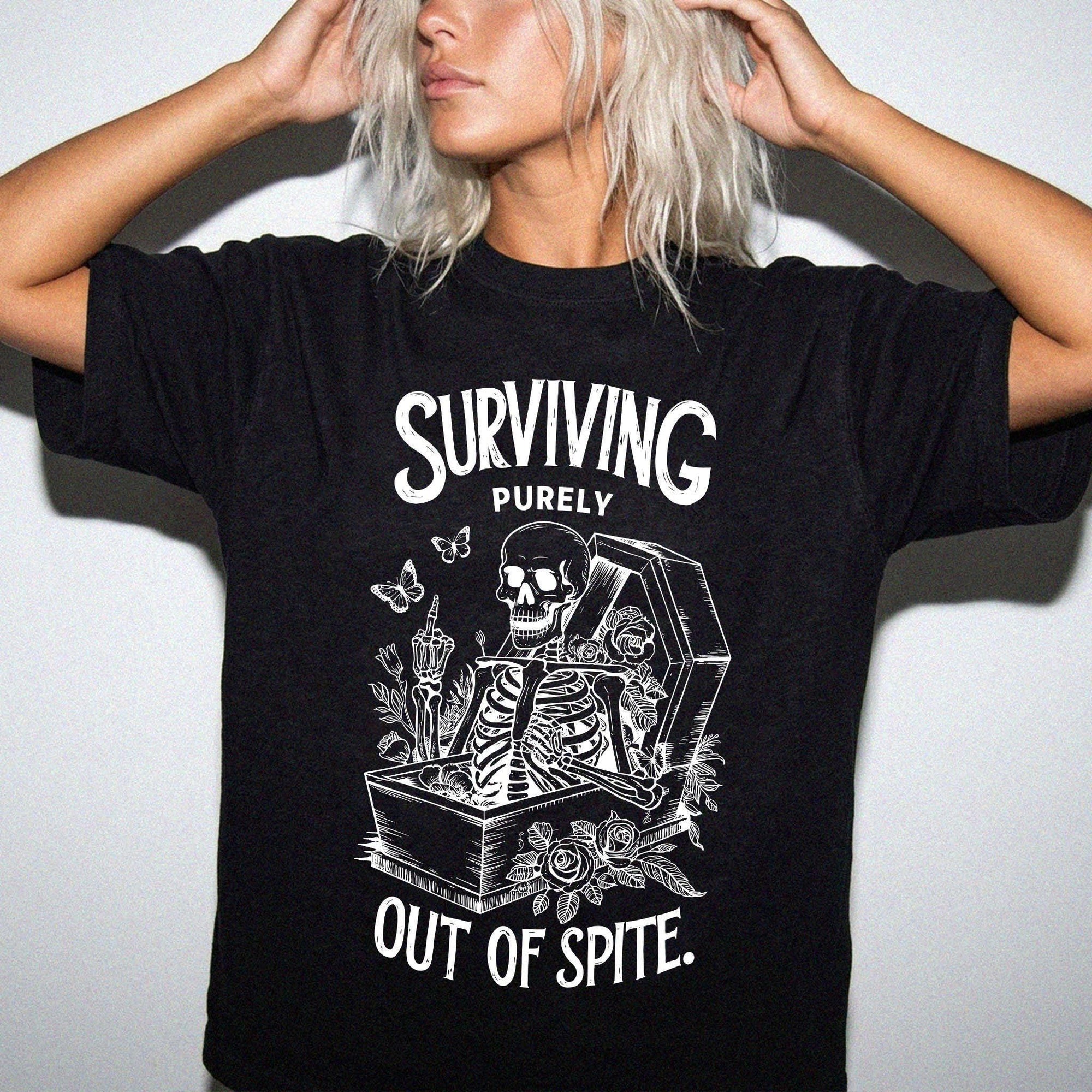Surviving Purely Out Of Spite Comfort Colors Shirt, Funny Skeleton Coffin Tee, Sarcastic Dark Humor T-Shirt, Gothic Floral Skeleton Shirt,