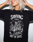 Surviving Purely Out Of Spite Comfort Colors Shirt, Funny Skeleton Coffin Tee, Sarcastic Dark Humor T-Shirt, Gothic Floral Skeleton Shirt,