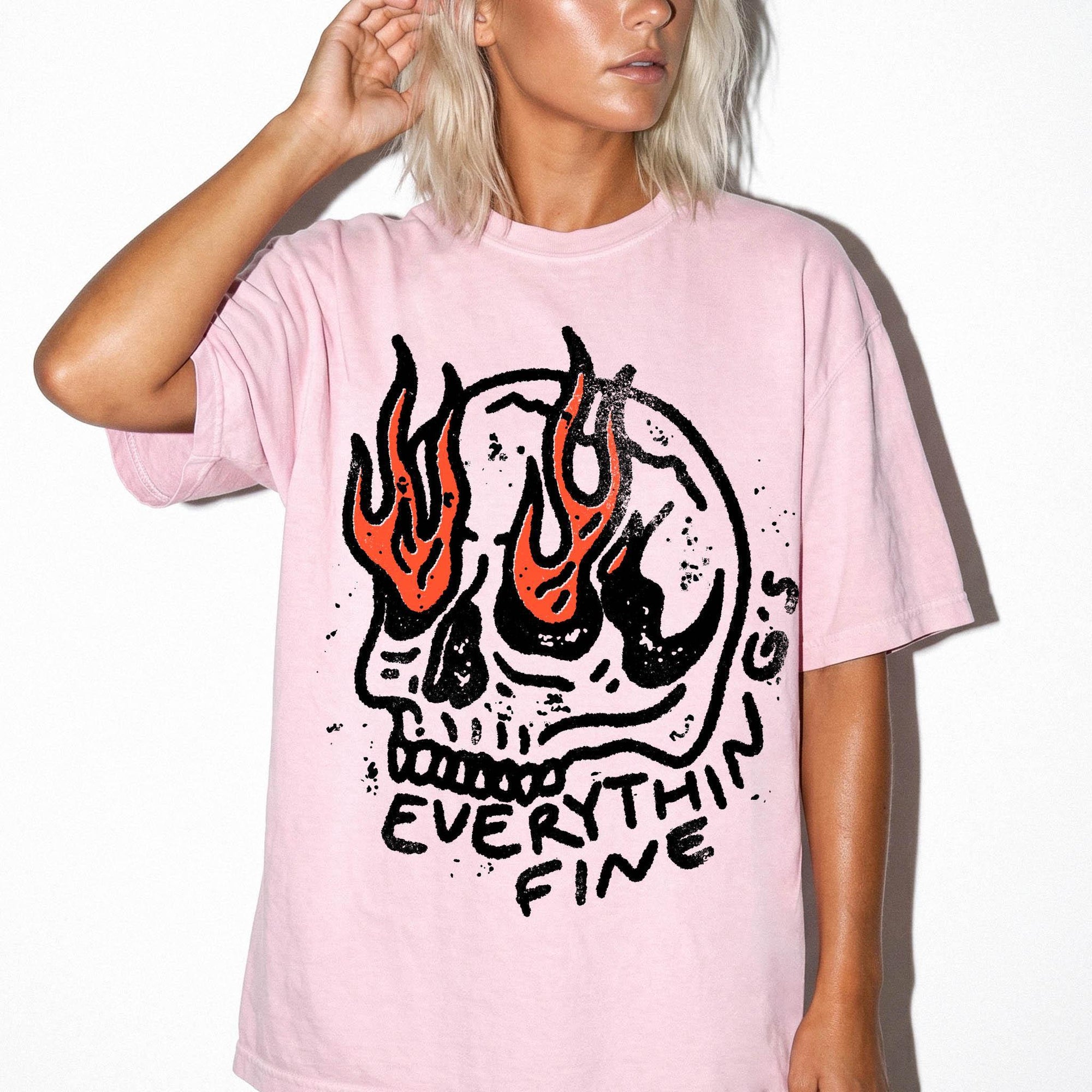 Everything Is Fine Comfort Colors Graphic Tee Shirt, Flaming Skull Graphic Tee, Dark Humor Sarcastic T-Shirt, Grunge Skull Shirt,