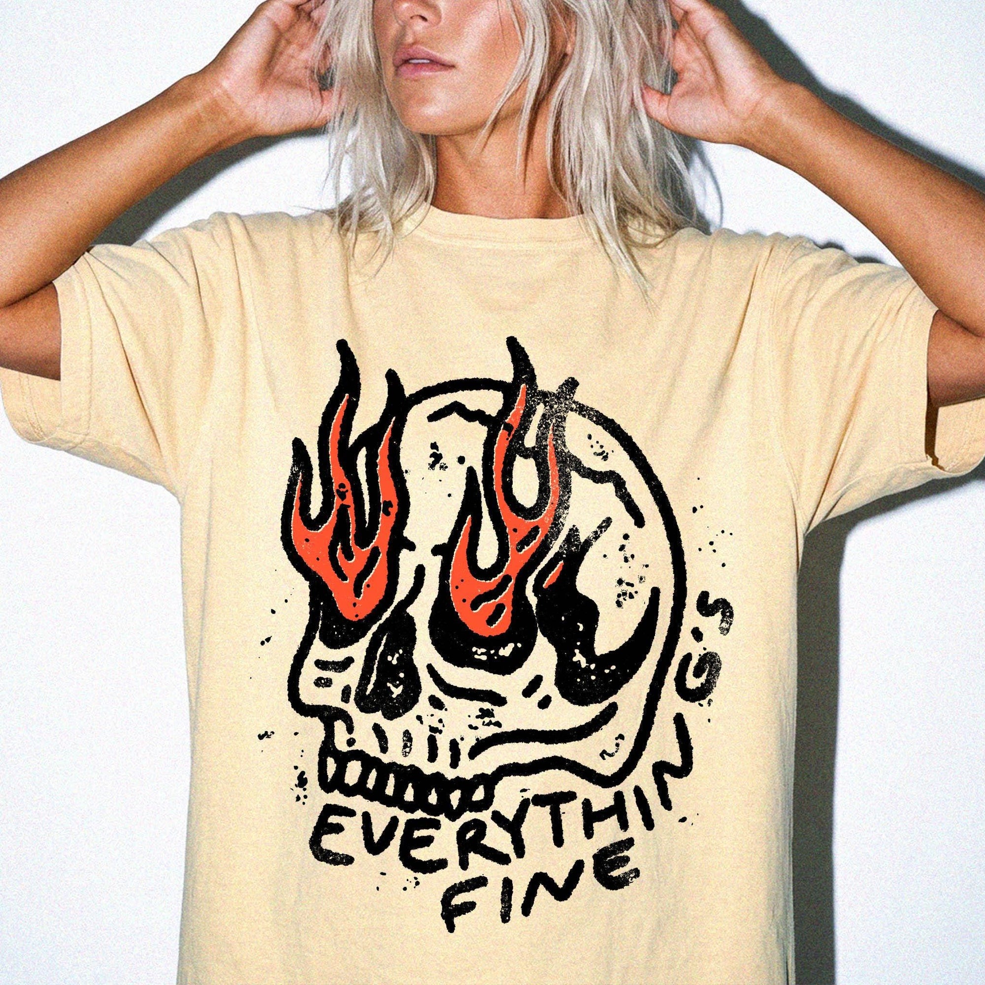 Everything Is Fine Comfort Colors Graphic Tee Shirt, Flaming Skull Graphic Tee, Dark Humor Sarcastic T-Shirt, Grunge Skull Shirt,