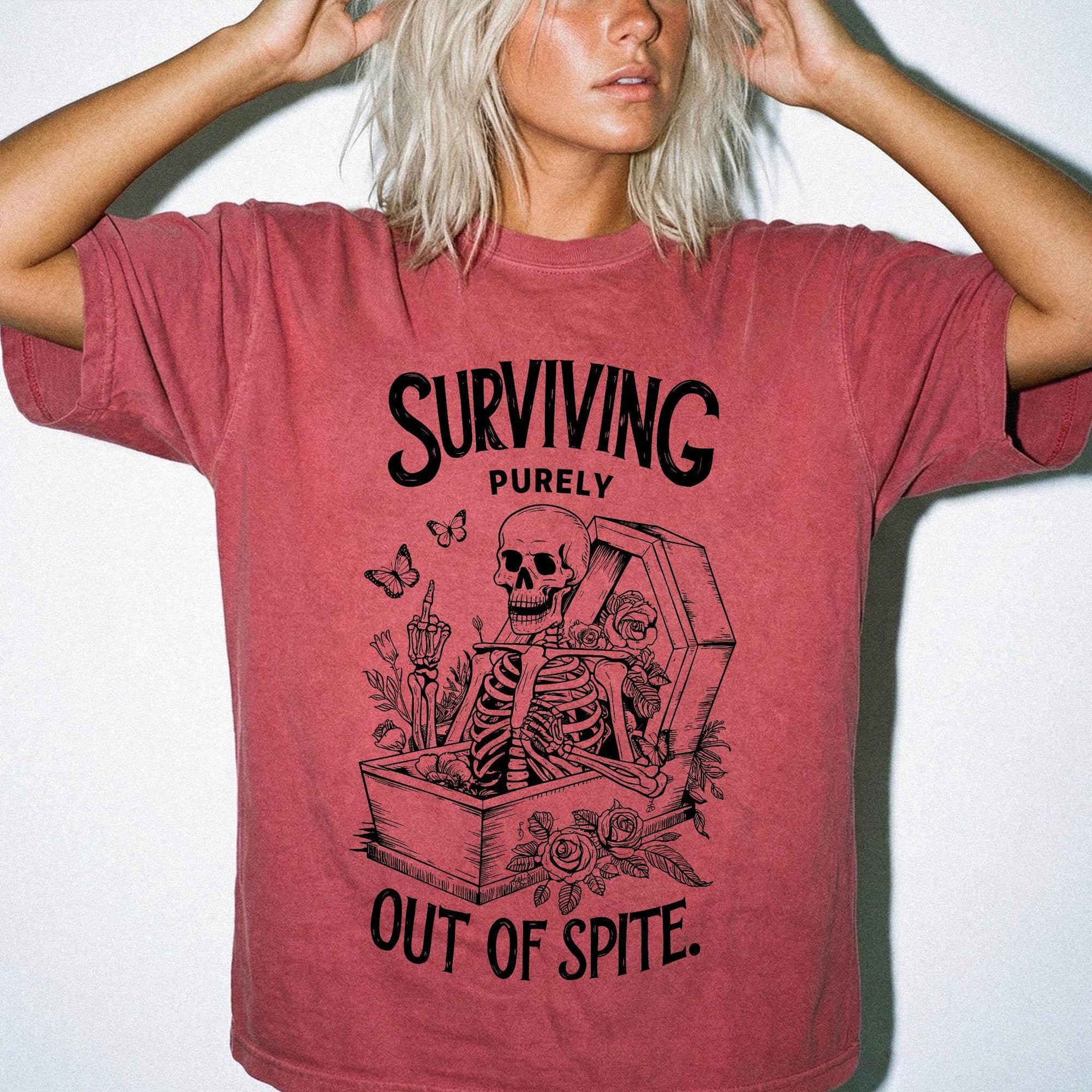 Surviving Purely Out Of Spite Comfort Colors Shirt, Funny Skeleton Coffin Tee, Sarcastic Dark Humor T-Shirt, Gothic Floral Skeleton Shirt,