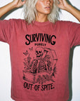 Surviving Purely Out Of Spite Comfort Colors Shirt, Funny Skeleton Coffin Tee, Sarcastic Dark Humor T-Shirt, Gothic Floral Skeleton Shirt,