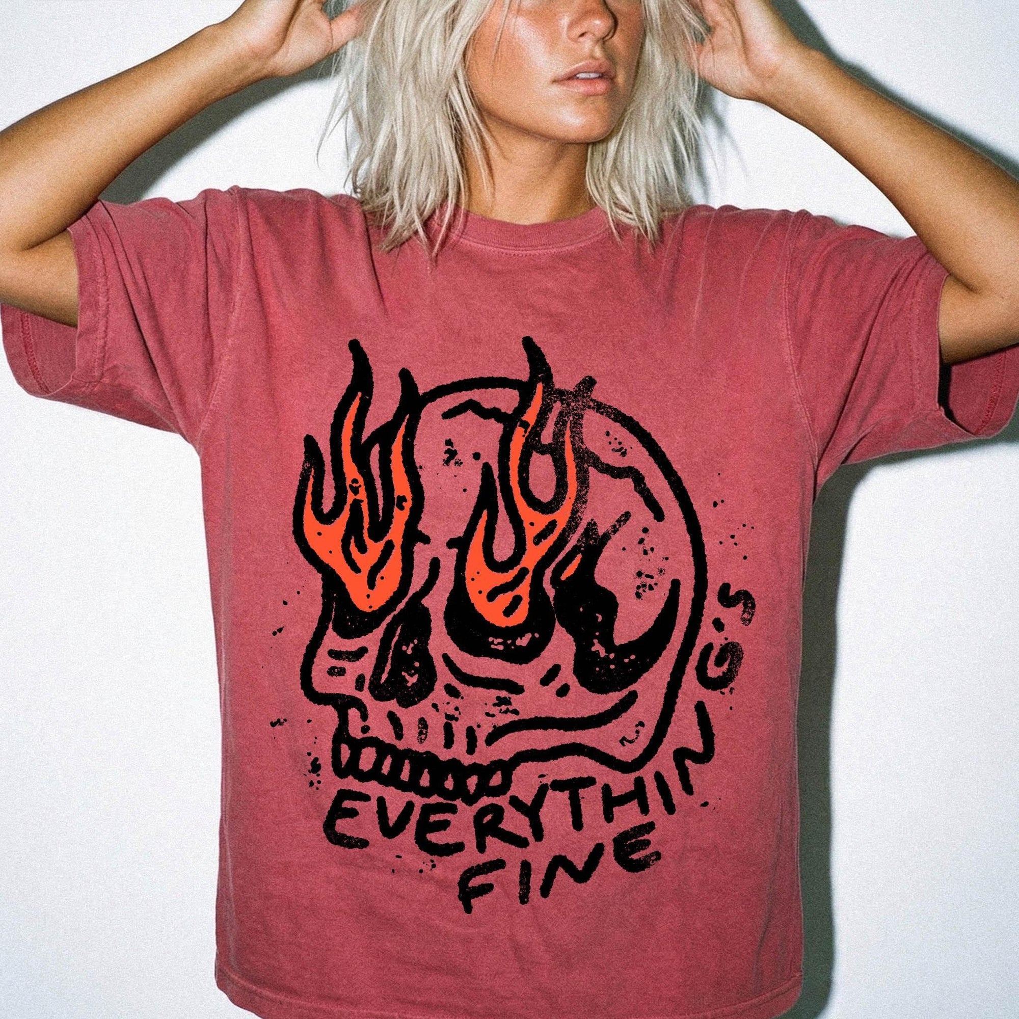 Everything Is Fine Comfort Colors Graphic Tee Shirt, Flaming Skull Graphic Tee, Dark Humor Sarcastic T-Shirt, Grunge Skull Shirt,