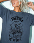 Surviving Purely Out Of Spite Comfort Colors Shirt, Funny Skeleton Coffin Tee, Sarcastic Dark Humor T-Shirt, Gothic Floral Skeleton Shirt,