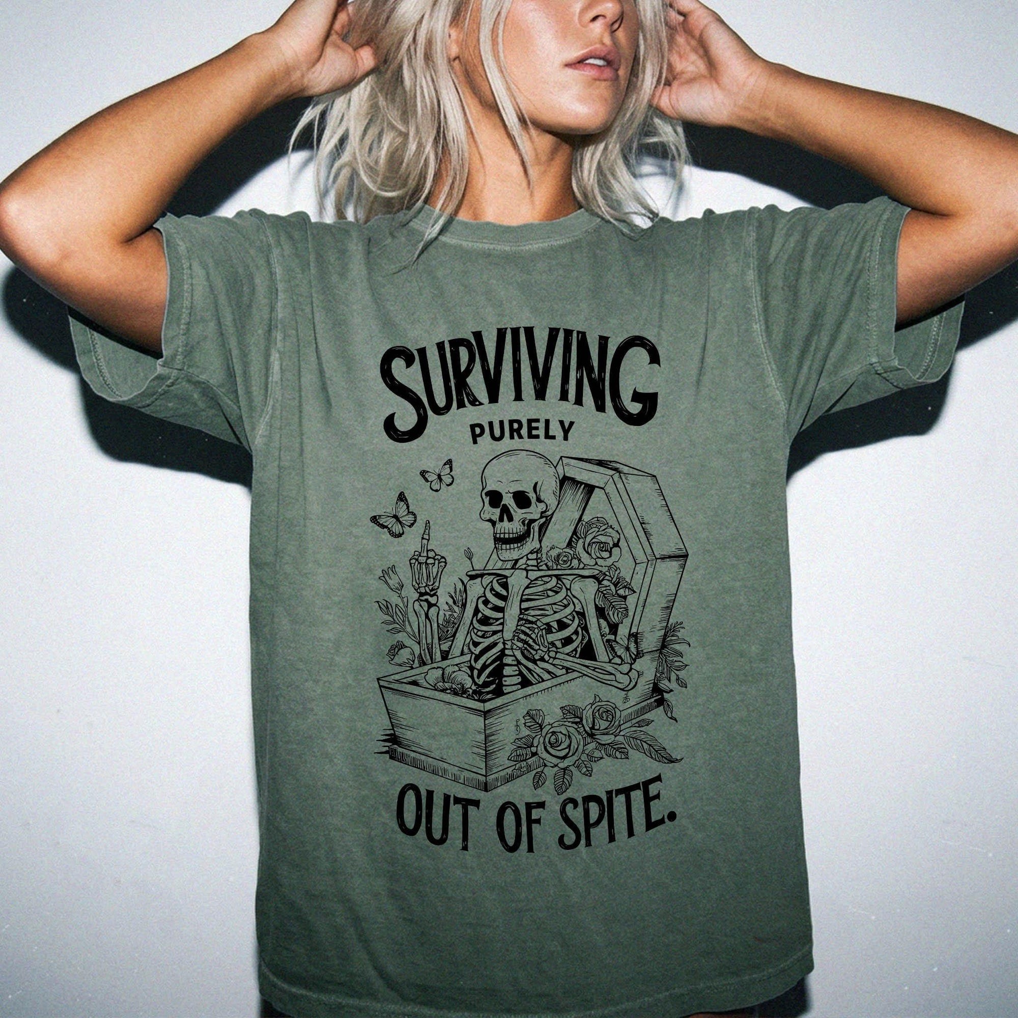 Surviving Purely Out Of Spite Comfort Colors Shirt, Funny Skeleton Coffin Tee, Sarcastic Dark Humor T-Shirt, Gothic Floral Skeleton Shirt,
