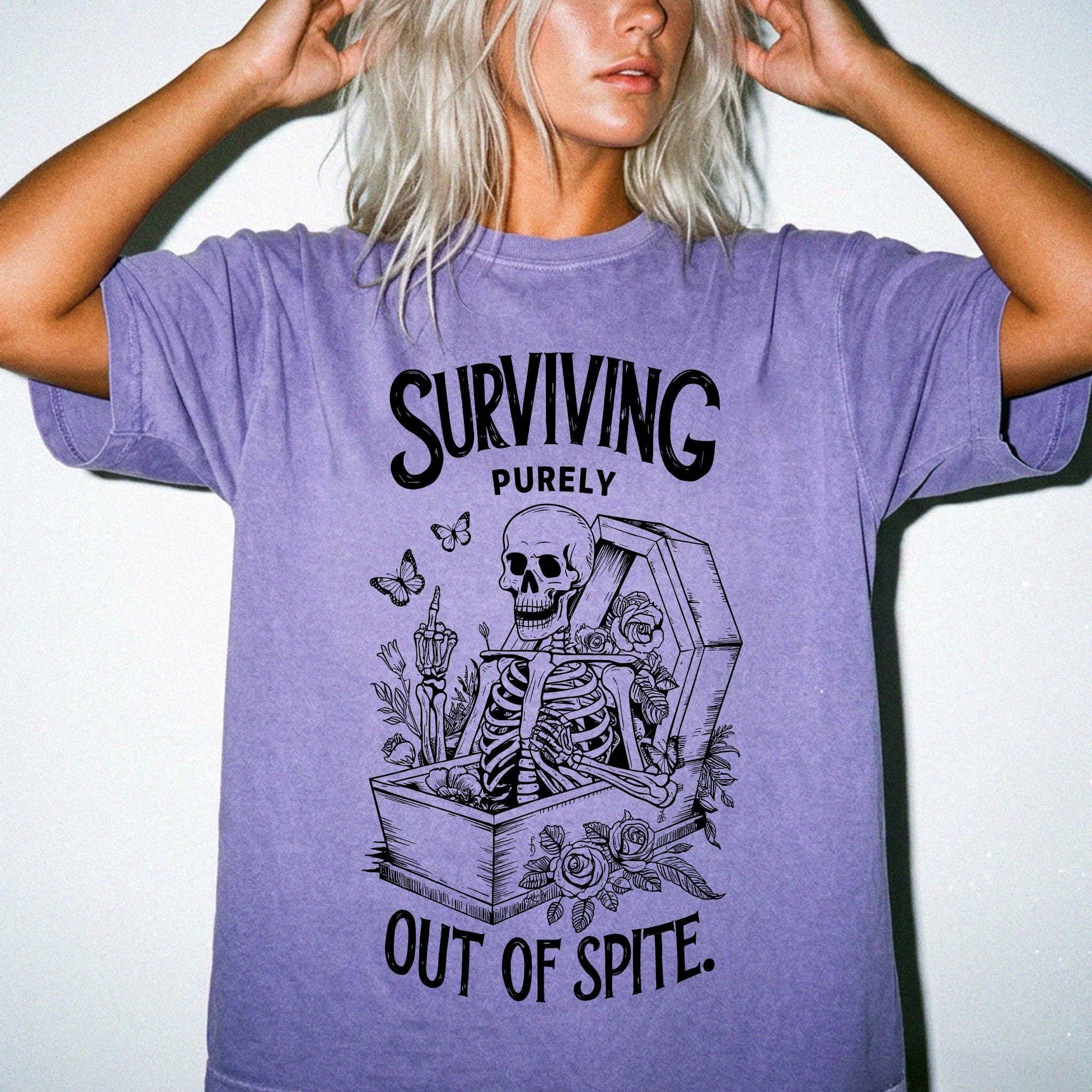 Surviving Purely Out Of Spite Comfort Colors Shirt, Funny Skeleton Coffin Tee, Sarcastic Dark Humor T-Shirt, Gothic Floral Skeleton Shirt,