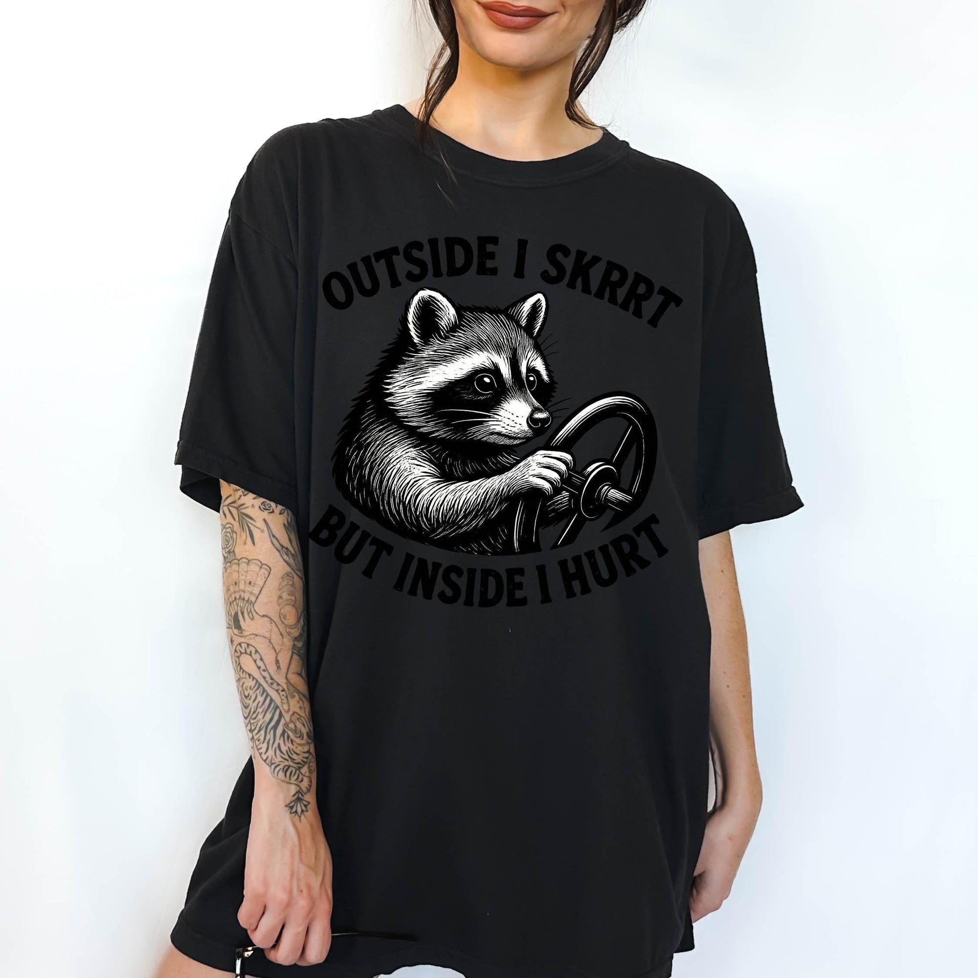 Outside I Skrrt But Inside I Hurt Shirt, Funny Raccoon Meme Tee, Sarcastic Mental Health T-Shirt, Trash Panda Shirt, Comfort Colors Tee