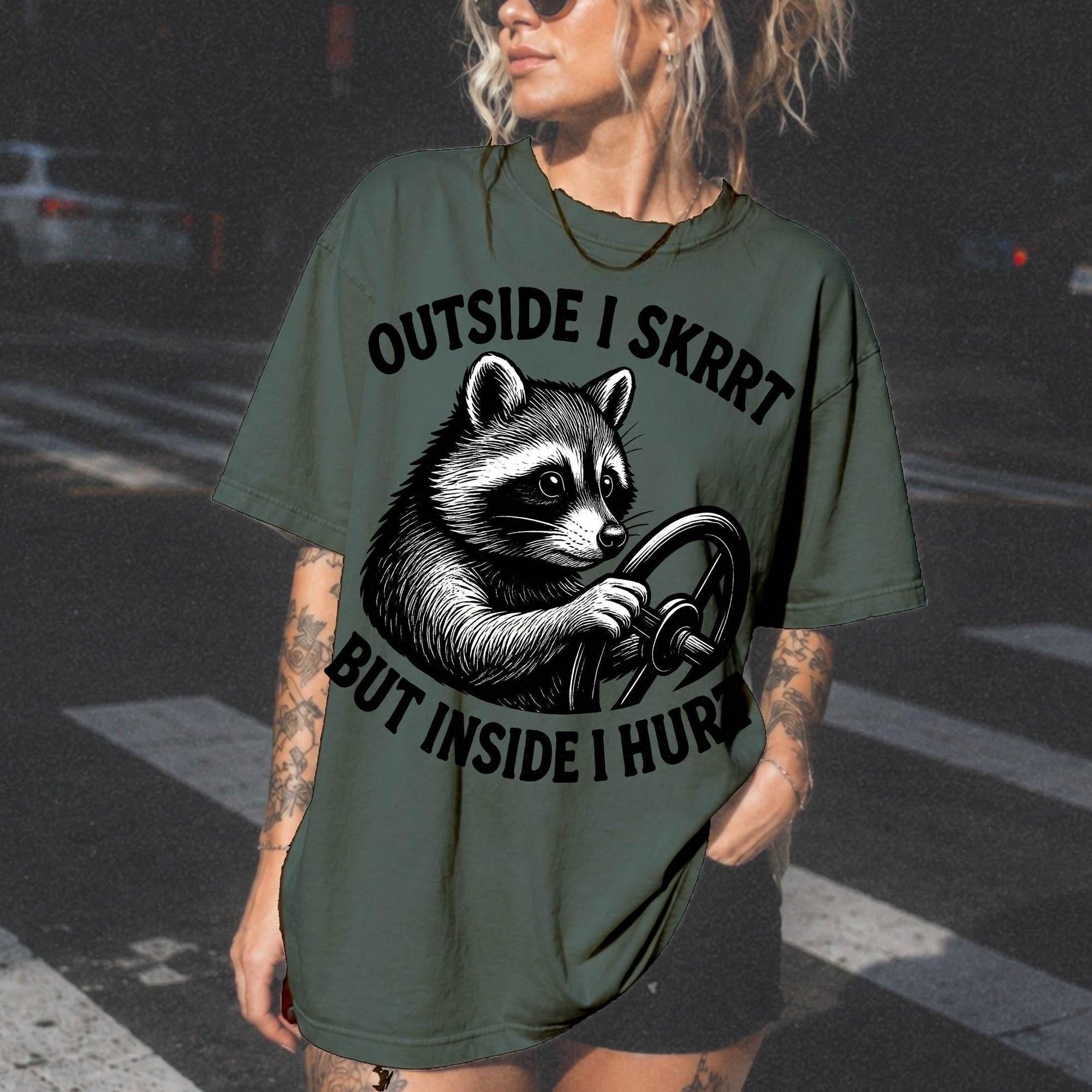 Outside I Skrrt But Inside I Hurt Shirt, Funny Raccoon Meme Tee, Sarcastic Mental Health T-Shirt, Trash Panda Shirt, Comfort Colors Tee