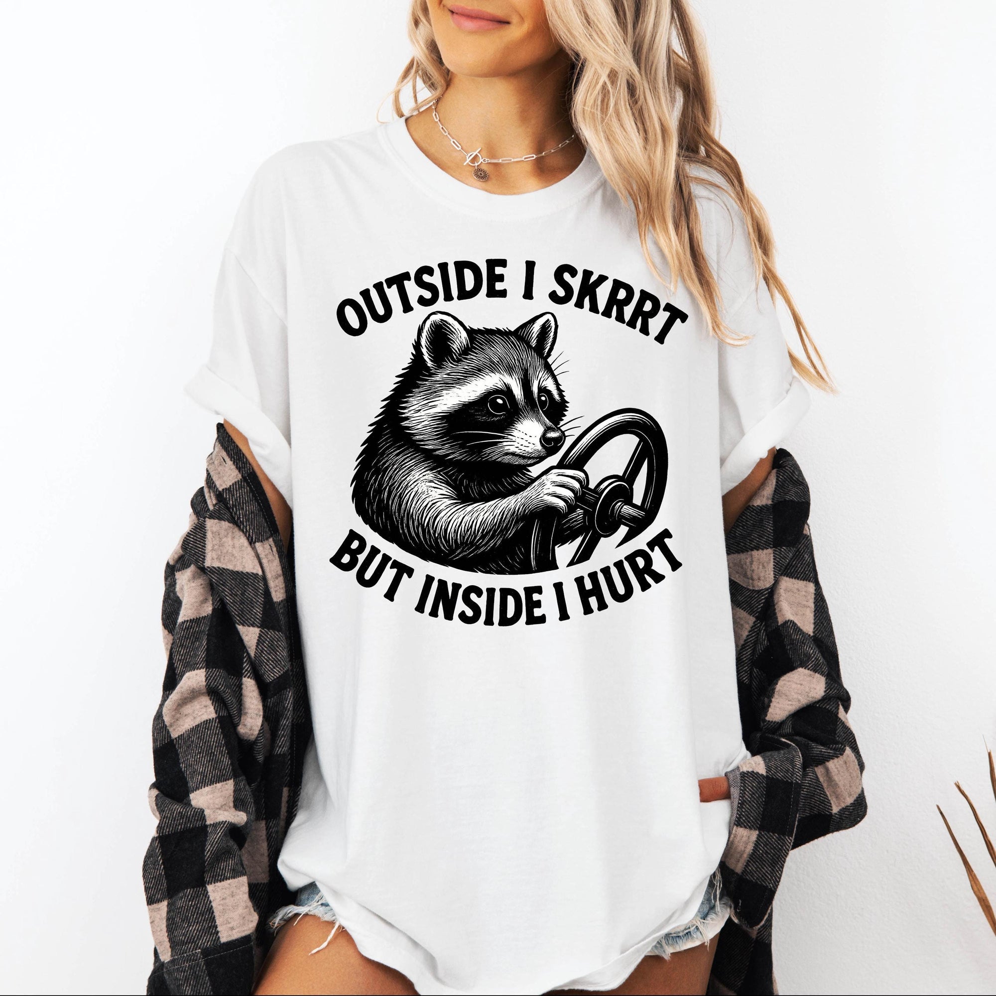 Outside I Skrrt But Inside I Hurt Shirt, Funny Raccoon Meme Tee, Sarcastic Mental Health T-Shirt, Trash Panda Shirt, Comfort Colors Tee