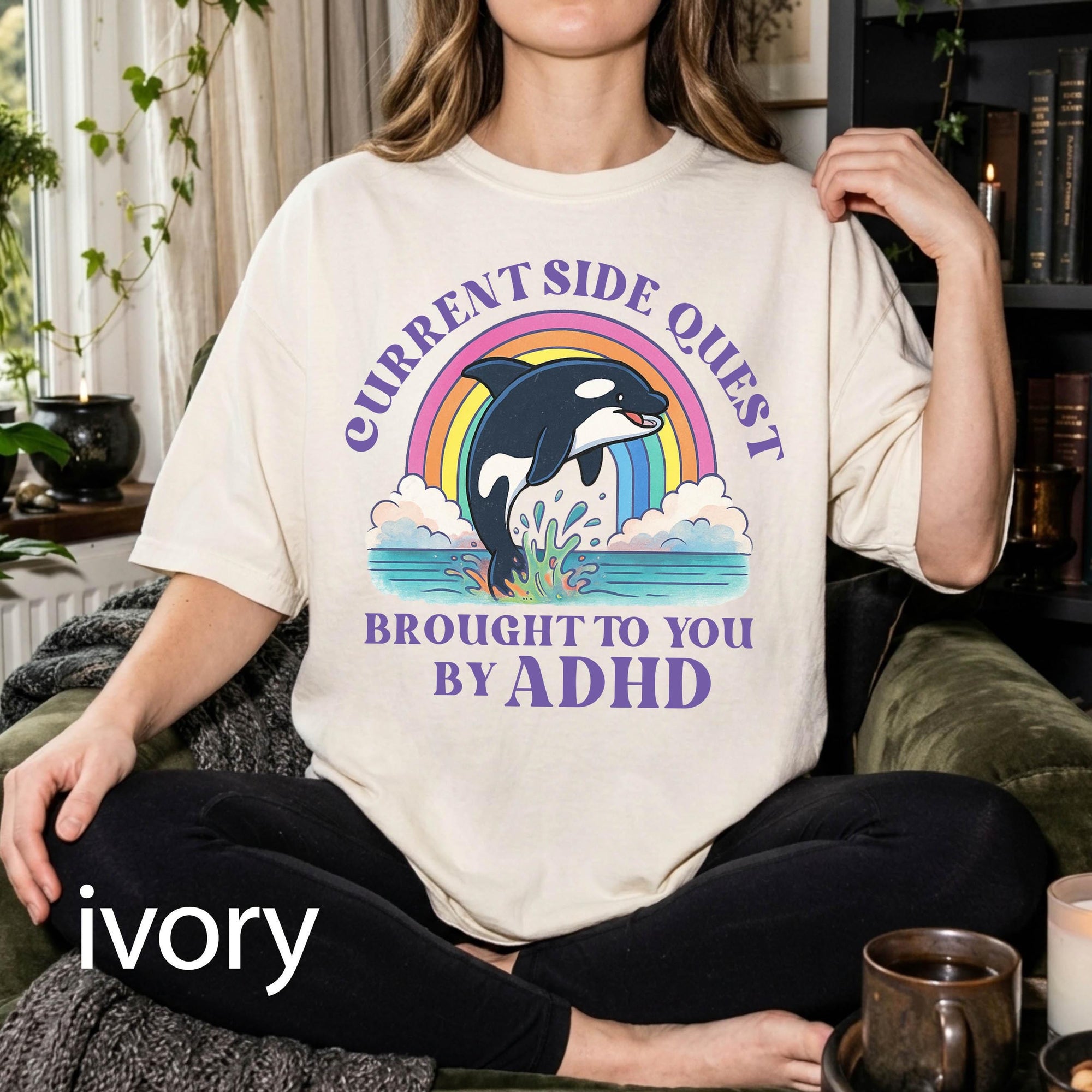 Funny ADHD Orca Comfort Colors Graphic Tee, Current Side Quest Shirt, Rainbow Whale Shirt, ADHD Awareness Tee, Neurodivergent Gift