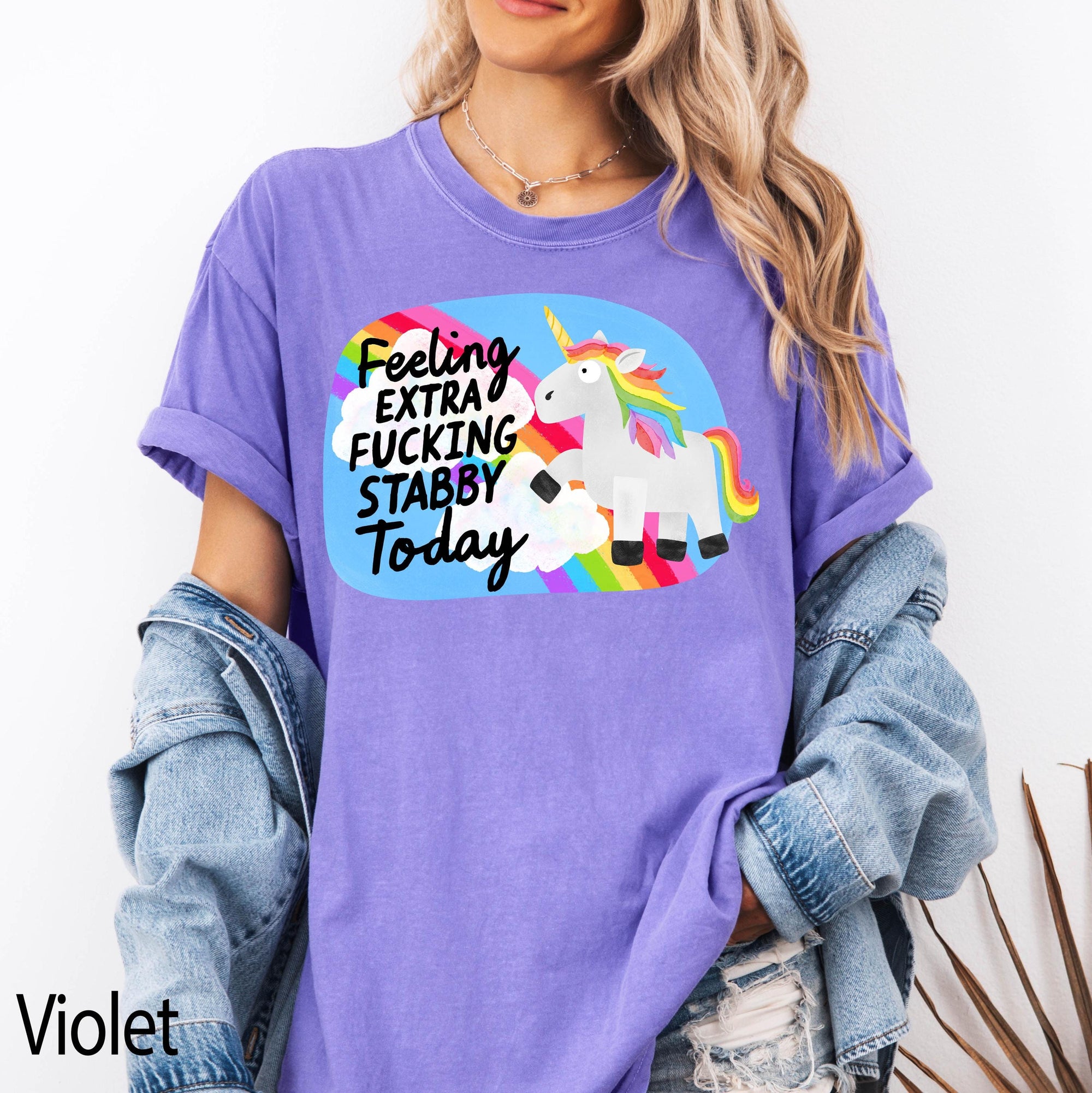 Feeling Extra Fucking Stabby Today Comfort Colors Graphic Tee, Funny Unicorn Shirt, Sarcastic Rainbow Tee, Adult Humor Gift Shirt