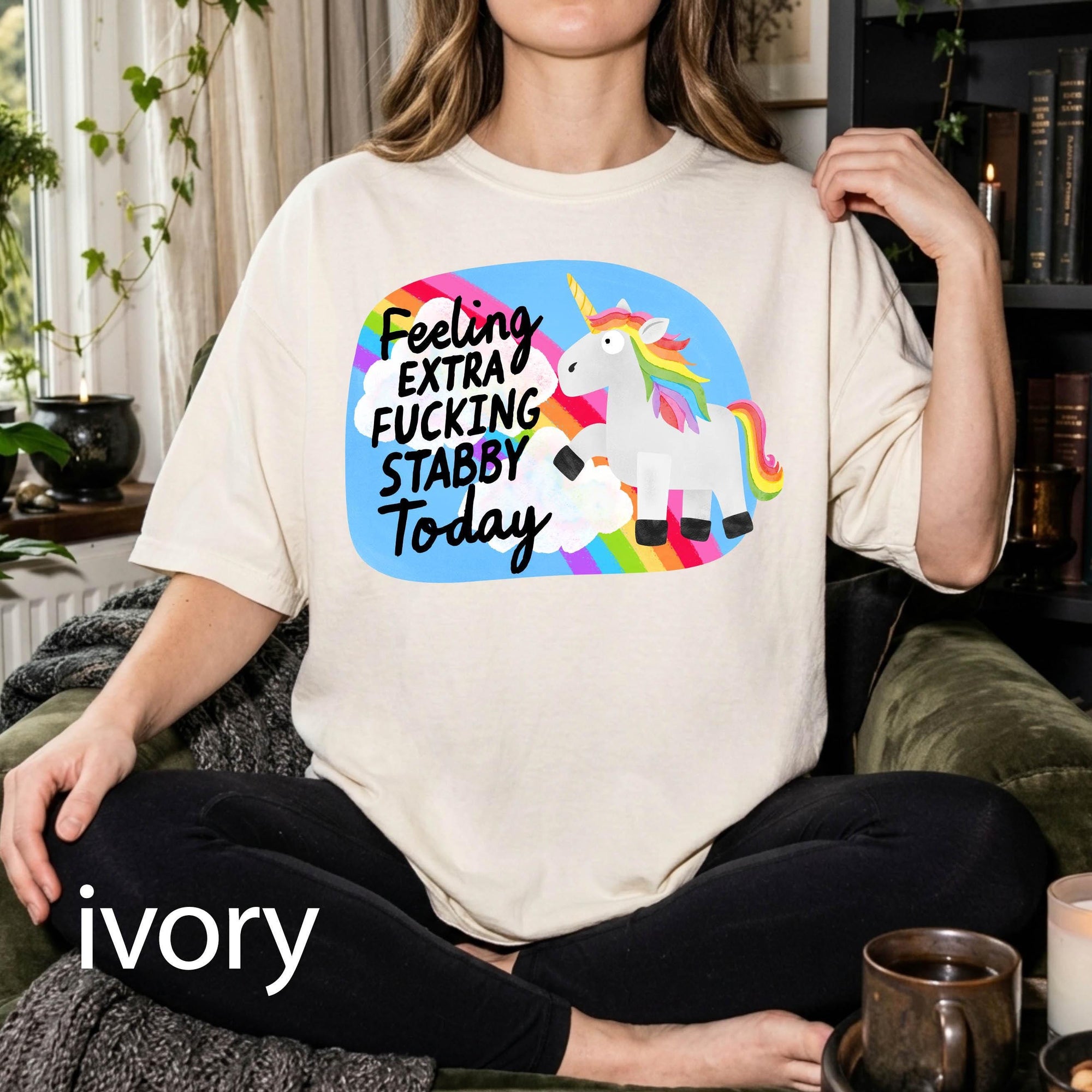 Feeling Extra Fucking Stabby Today Comfort Colors Graphic Tee, Funny Unicorn Shirt, Sarcastic Rainbow Tee, Adult Humor Gift Shirt
