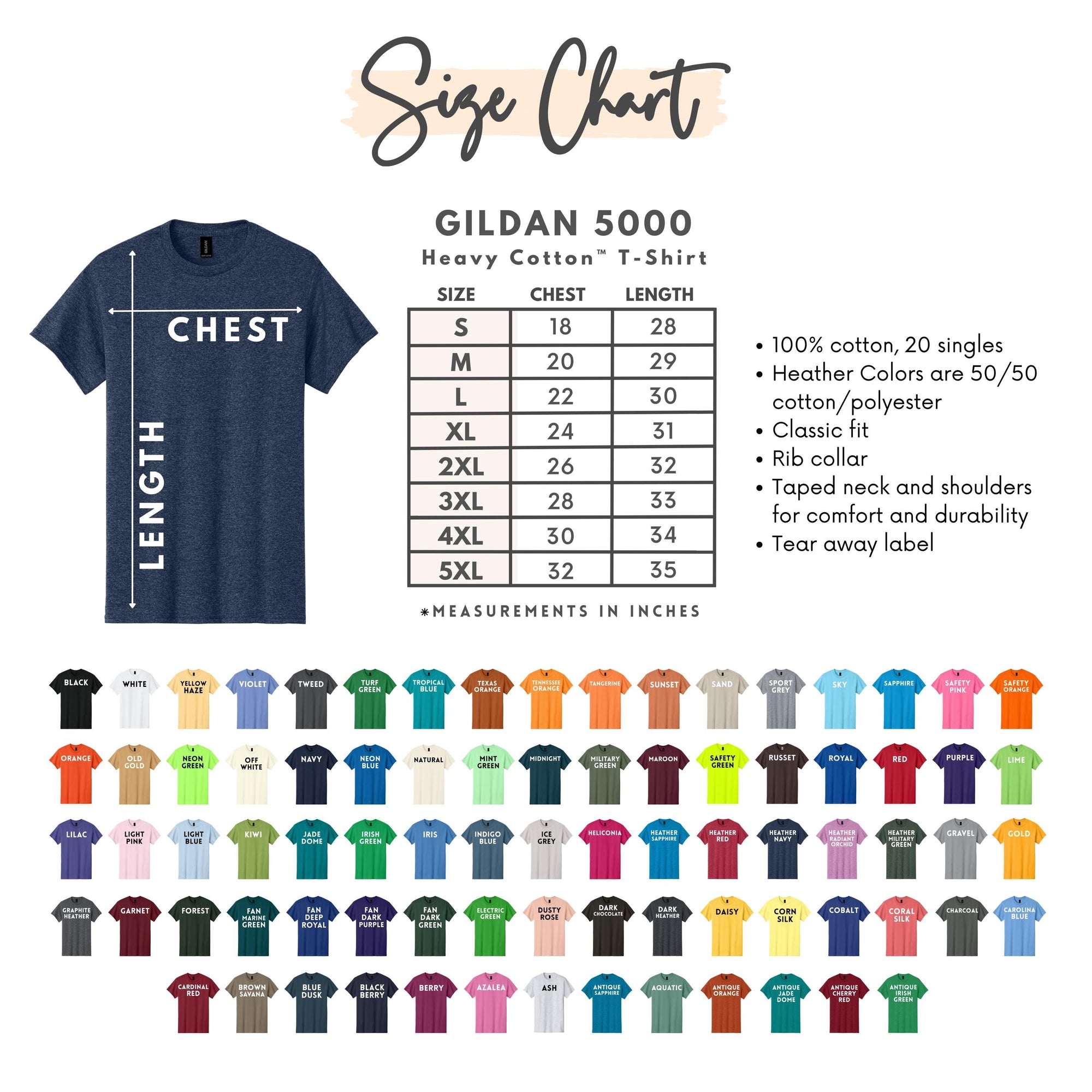 The image is a size chart for a GILDA 5000 heavy cotton T-shirt, showing the measurements for different chest sizes in inches.