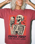 Coffee First Your Bullshit Later Shirt, Funny Skeleton Halloween Tee, Sarcastic Coffee Lover Shirt, Adult Humor T-Shirt, Comfort Colors Tee
